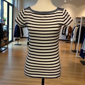 Lauren Ralph Lauren Striped Navy & White Short Sleeve Cotton Top/ Zipper Details